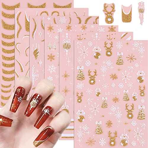 6 Sheets 3D Snowflakes Nail Art Stickers Self-Adhesive Nail Art Supplies Christmas Nail Stickers White Gold Design Shiny Frosted French Stripe Elk Xmas Tree Winter Nail Decals for Women DIY Nail Decor