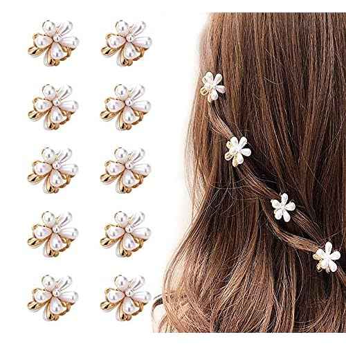 10 Pcs Small Mini Pearl Claw Clips with Flower Design, Sweet Artificial Bangs Clips Decorative Hair Accessories for Women Girls
