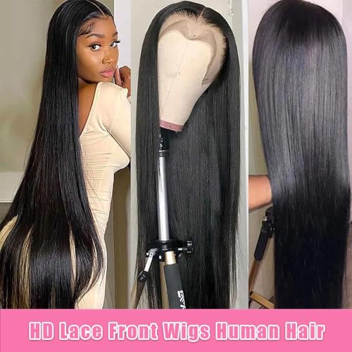 Straight Lace Front Human Hair Wig Pre Plucked 200 Density Glueless Natural Black Straight Wig Human Hair 13x4 HD Lace Frontal Wigs for Women (24 Inch)
