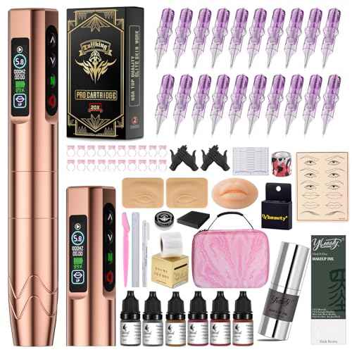 Professional Microblading Tattoo Gun Kit, Wireless Eyebrow Tattoo Pen Machine Kits, Complete Microblading Supplies with 2Pcs 500 mAh Battery, 20Pcs Cartridge Needles for Artists (Rose Gold)