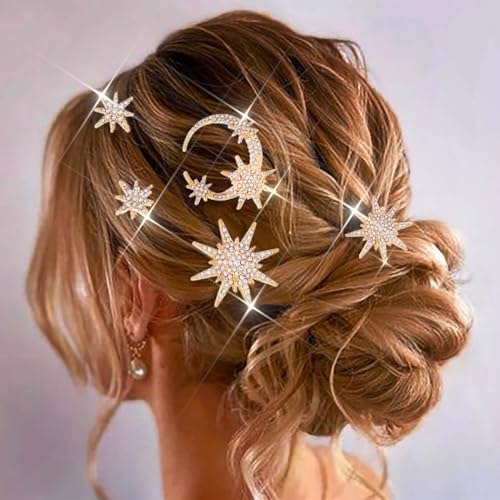 Gold Star Moon Hair Pins Rhinestones Bridal Hair Clips Wedding Hair Accessories for Women(Pack of 5)