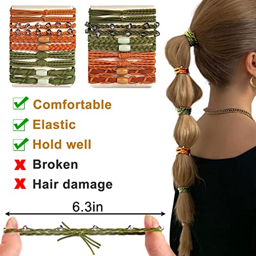 Hair Ties Bracelets, 20 Pcs Boho Hair Ties for Women, Crystal Bracelet Hair Ties (Green+Brown), 5 Styles, Cute Hair Tie for Thick Hair/Pony Tails, No Damage for Girls