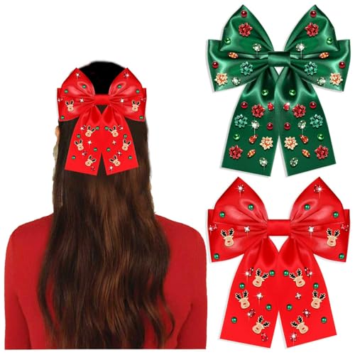 2PCS Christmas Hair Bow Clips for Women Christmas Accessories Xmas Bow Tree Reindeer Snowflake Hair Bows Silky Satin Red Green Bows Holiday Hair Ribbons Christmas Outfits Holiday Gifts