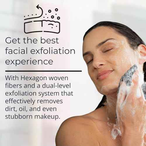 Exfoliating Washcloth Face & Body Scrub Towel - Japanese Exfoliating Towel with Hexagon Fibers, Body Scrubber with 2 Sides for Scrubbing & Washing (Black, 27cm x 35cm)