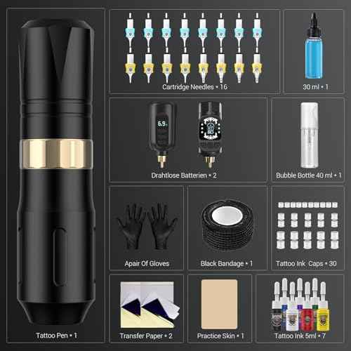 Tattoo Gun Kit Wireless Tattoo Machine Pen Kit with 2 Batteries 16 Cartridge Needles 7 Ink Colors for Complete Rotary Tattoo Supply HW-TK1005-1