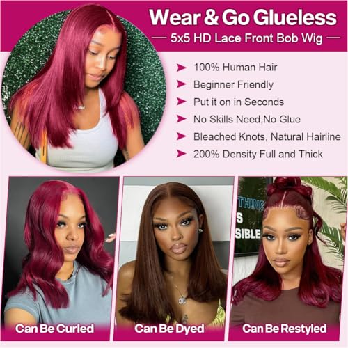 Wear and Go Glueless Bob Wig Human Hair 200% Density 5x5 HD Lace Closure Wigs For Black Women Glueless 5x5 Closure Wigs Human Hair Pre Plucked Bob Burgundy Color 16 Inch