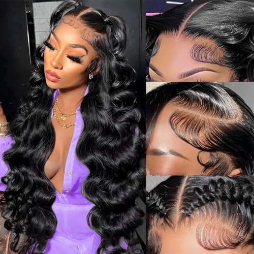 13x6 Lace Front Wigs Human Hair 200 Density Body Wave HD Lace Front Wigs Human Hair Pre Plucked Natural Color Glueless Wigs for Women 22 Inch