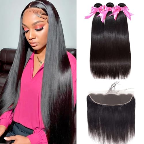 10A Brazilian Straight Human Hair Bundles with Frontal Closure 18 20 22+16 Inch Straight Bundle Human Hair with Closure 100% Unprocessed Virgin Hair Weave 3 Bundles with 13x4 HD Lace Frontal