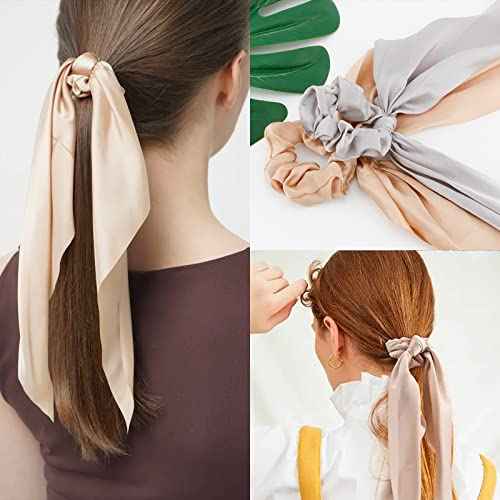 Hair Scarf Scrunchies, TOBATOBA Satin Ponytail Holders with Ribbon Tails, Elastic Hair Bows, Bandanas, and Scrunchies for Women