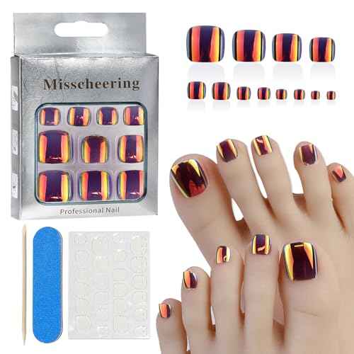 24PC Chrome Press on Toenails for Women Fake Toe Presson Nails Toe Nail Press ons with Sticky Tabs, 12 Size Fake Toenails Stick ons Acrylic Toes Nail Tips Kit Chrome Stick on Toes Nails-F