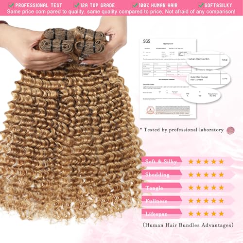 Honey Blonde Deep Wave Bundles Human Hair Color #27 Blonde Curly Bundle for Black Women 18 Inch Double Weft Colored Wet and Wavy Human Hair Bundle