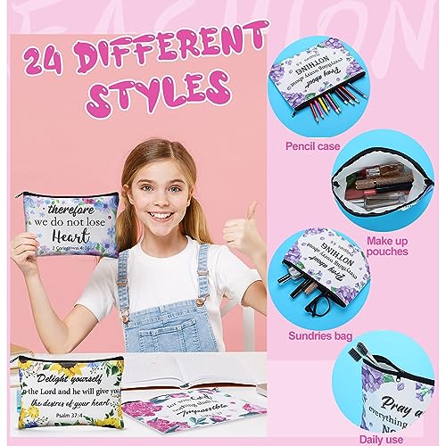 24 Pcs Christian Makeup Bag Bible Cosmetic Bags Inspirational Bible Verse Toiletry Pouches Canvas Motivational Pouches with Zipper for Women Organize Cosmetics Toiletries Stationery(Floral)