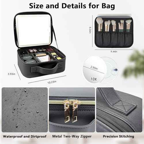 Travel Makeup Bag with LED Mirror and 10x magnifying glass with 3 Lighted Settings, Adjustable Dividers and Makeup Brush Storage Bag Black
