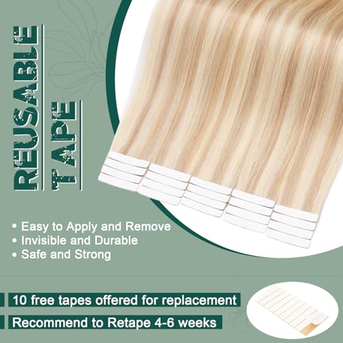 Benehair Remy Tape in Hair Extensions Human Hair Ash Blonde&Bleach Blonde Seamless Skin Weft Tape in Real Human Hair Extensions Straight Hair 22 Inch 50g #18P613 20 pcs