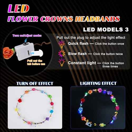 24 PCS LED Flower Crowns Headbands, Light Up Flower Crowns for Women & Girls, Glow in The Dark Flower Hairbands Wreath for Wedding Beach Party Birthday Cosplay Gifts, Halloween, Christmas