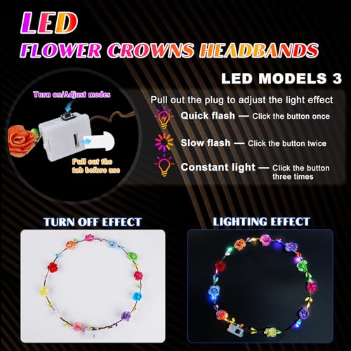 100 PCS LED Flower Crowns Headbands, Light Up Flower Crowns For Women, Glow in the Dark Headband for Wedding Reception Birthday Christmas Mardi Gras Cosplay Princess Party Favors