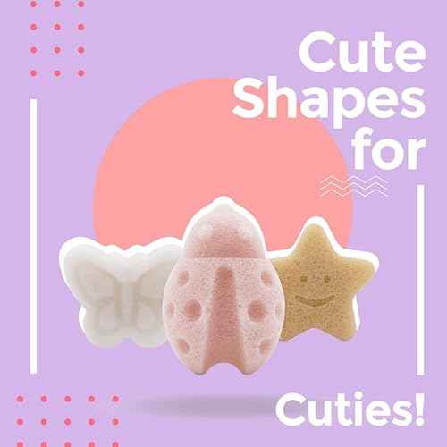 myHomeBody Konjac Baby Sponge for Bathing, Cute Shapes Natural Kids Bath loofah for Infants, Toddler, Newborns, Safe Plant-Based, 3pc. Set: Butterfly, Ladybug, Star
