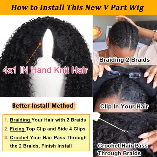 V Part Wig Human Hair Kinky Curly Natural Black 16 Inch | Curly Human Hair Wig Upgrade U Part Human Hair Wigs for Black Women Glueless Wig Wear and Go 180 Density