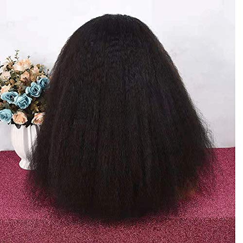 Kinky Blow Out Wig With Bangs Human Hair None Lace Front Wig Glueless Kinky Straight Scalp Top Wig Full Machine Made Brazilian Remy Hair 150 Density Natural Color 12 inch