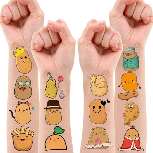 96PCS Potato Pre-cut Temporary Tattoos 8 Sheets Sweet Potato Party Decorations Supplies Favors Chip Potato Theme Birthday Cute Stickers Christmas Gifts for Boys Girls Class School Prizes Carnival