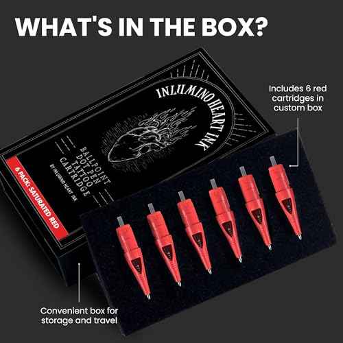 Inlumino Heart Ink Ballpoint Pen Cartridges ? Saturated Red Ink (6 Pack) ? Tattoo Practice Cartridges for Rotary Tattoo Machines ? Water-Based Ink with Bold Color ? Fake Skin Alternative