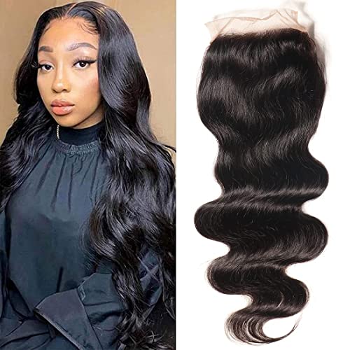 Nadula Hair 12A Body Wave 4x4 lace Closure Free Part, 100% Unprocessed Brazilian Human Virgin Hair Top Swiss Lace Closure with Baby Hair Natural Black Color 14 inch