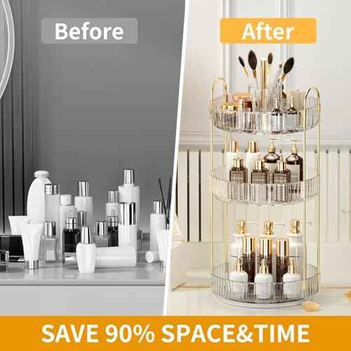 360¡Æ Rotating Makeup Organizer, Large-Capacity Skincare Make Up Storage 3 Tier Perfume Organizers Cosmetic Dresser Organizer with Makeup Brush Holder, Fits Bedroom, Bathroom, Vanity Shelf Countertop