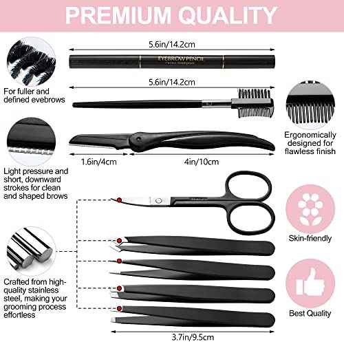 Eyebrow Trimmer 8-Pack - Eyebrow Tweezers Set - Eyebrow Shaping Kit for Women & Men With Razor, Brush With Comb, Pencil, and Scissors in Padded Case