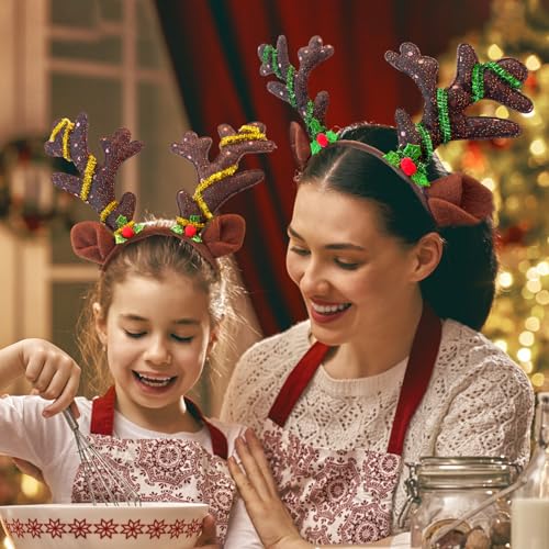 12 Pcs Reindeer Antlers Headband, Glitter Sequins Christmas Ears Headband, Deer Hairbands for Kids & Adults, Perfect for Holiday Photo Booth Props & Party Favors