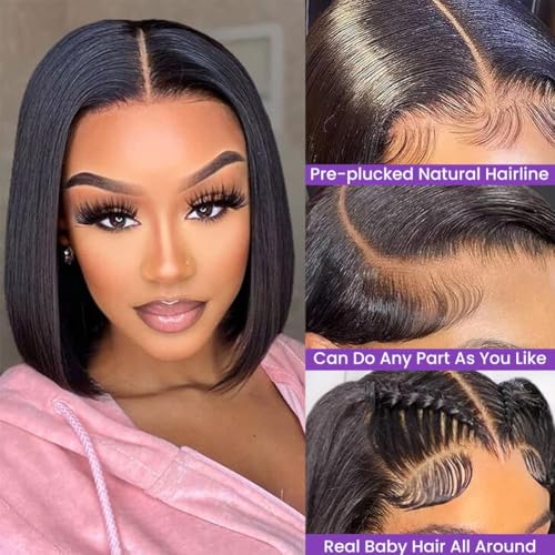 Bob Wig Human Hair 13x6 Hd Transparent Wigs Human Hair Pre Plucked With Baby Hair Glueless Wigs Human Hair 180% Density Straight Frontal Lace Wigs For Women Natural Color 16 Inch
