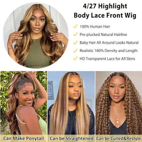 Human Hair Wig 22 Inch 13x4 Ombre Body Wave Lace Front Wigs Human Hair Honey Blonde Wig Pre Plucked with Baby Hair 200 Density 4/27 Highlight Glueless Human Hair Wigs for Black Women