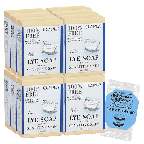 Grandma¡¯s Pure Lye Soap Bar for Sensitive Skin, Unscented 6 oz ? 12 Pack | Face & Body Wash for Dry, Itchy Skin | Free of Dyes, Detergents & Fragrance + Bonus Baby Powder Air Freshener