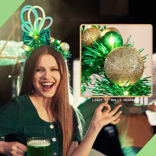 Light Up Balls Headbands LED Green Shamrock Clover Hairbands Xmas Hat Bow Hair Hoops St. Patrick's Day Head bands for Fashion Party Holiday Costume