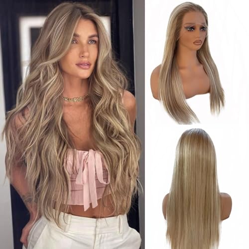 Upgrade - Highlight Straight Lace Front Wig human Hair Wig for Women,13*4 Lace Human Hair Wigs 100% Remy Virgin Hair Ombre Blonde HD Lace Wig,Pre Plucked with Baby Hair 150% Density (8/18/60)