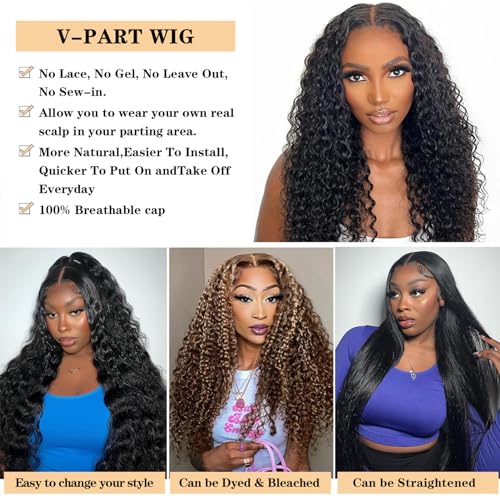 ROYAL IMPRESSION V Part Deep Wave Human Hair Wigs Upgraded U Part Human Hair Wig Minimal Leave Out No Sew in No Glue 180% Density V Shape Clip in Half Wig Beginner Friendly (20 Inch)