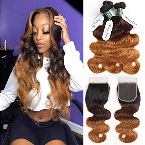 Ombre Bundles With Closure Body Wave Human Hair Brazilian Human Hair 3 Bundles With Closure Weave Hair Human Bundles (12 14 16 + 10 inch, T1B/4/30)