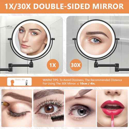 Auxmir 1X/30X Wall Mounted Makeup Mirror with Light, 8" Rechargeable Double-Sided Magnifying Mirror, Vanity Mirror Dimmable 3 Color Light, 360¡Æ Extension Rotation Foldable 14.5 Inch Arm, Black