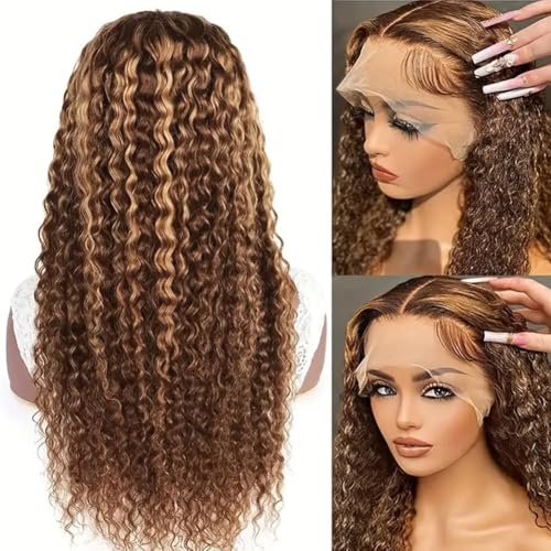 Highlight Ombre 13x4 HD Lace Front Human Hair Wig 26 inch 4/27 Deep Wave 180% Density Honey Blonde Curly Glueless Lace Frontal Wig For Women Pre Plucked with Baby Hair