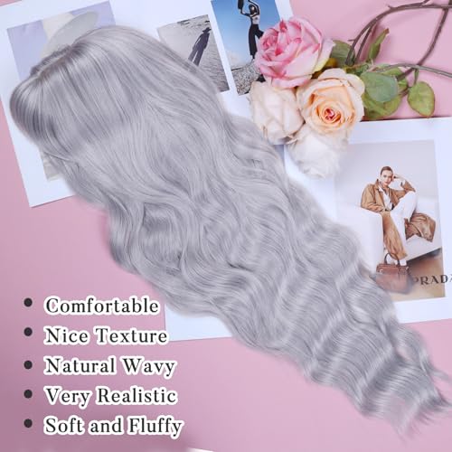 NAYOO Gray Wigs with Bangs - Long Curly Wavy Synthetic Fiber Wigs for Daily Party Use - Heat Resistant - 26 Inches (Silver Gray)