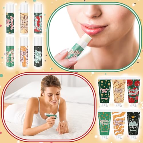 Loopeer 96pcs/48sets Christmas Hand Cream and Lip Balm Gift Sets for Women Travel Hand Lotions Moisturizing Lip Care Lipstick for Dry Cracked Christmas Stocking Stuffer Xmas Bulk Gift Coworker Adult