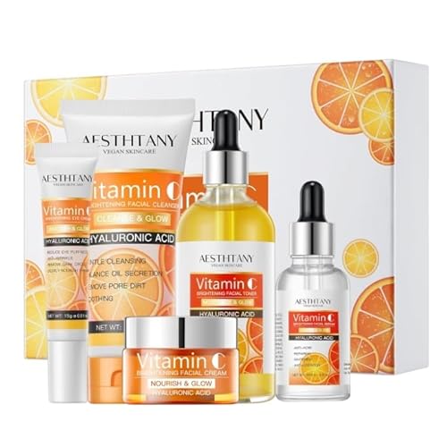 Vitamin C Skin Care Set For Women , 5-In-1 Moisturizing Hyaluronic Acid Skin Care Routine with Facial Cleanser, Serum, Face Cream, Eye Cream, Toner