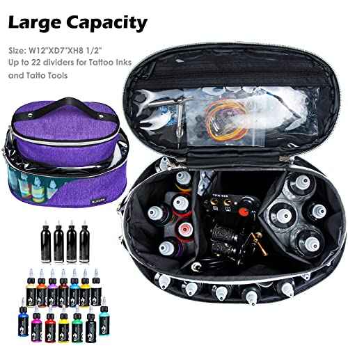 Tattoo Kit Carrying Case, Purple, Padded Interior, 6" Height, 8.5" Middle Compartments, Multiple Pockets, Easy Carry, Service Guarantee