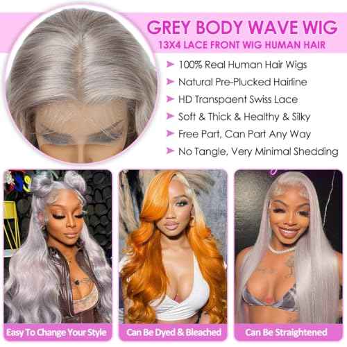 Pisenor 13x4 Grey Lace Front Wig Human Hair Body Wave Lace Frontal Wigs HD 180% Density Transparent With Baby Hair Natural Hairline Pre Plucked Lace Front wigs (26 inch)