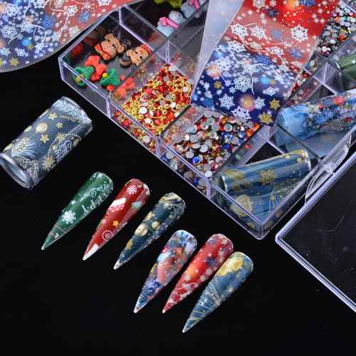 Christmas Nail Art Rhinestones Christmas Resin Nail Charms Nail Foil Sequins 3D Reindeer Socks Bell Christmas Tree Design for Nails Art Gems DIY Crafts Decoration with Wax Pen & Tweezer