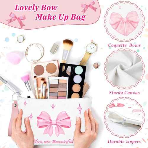 PUNICA 8 Pcs Pink Coquette Bow Makeup Bag Preppy Cosmetic Bags Canvas Zipper Pouch with Handle, Travel Bag Gift for Nurse Women Girls Coquette Party Favors Storage Accessories