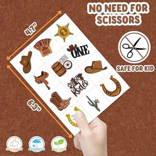 96PCS First Rodeo Pre-cut Temporary Tattoos 8 Sheets Cowboy 1st Party Decorations Favors Supplies Western Theme Birthday Cute Stickers Christmas Gifts Boys Girls Class School Prizes (Normal)