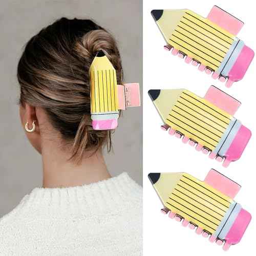 3 Pack Pencil Hair Claw Clips for Women Girls, Funny Back To School Hair Clips Supplies, Cute Hair Jaw Barrettes, Strong Hold Claw Clips Fun Hair Accessories