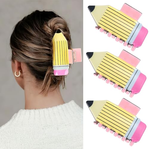 3 Pack Pencil Hair Claw Clips for Women Girls, Funny Back To School Hair Clips Supplies, Cute Hair Jaw Barrettes, Strong Hold Claw Clips Fun Hair Accessories