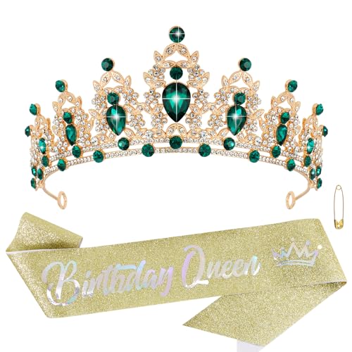 Green Birthday Crown and Sash Tiara for Women and Girls, Crystal Rhinestone Tiara for Birthday Party, Wedding, Quinceanera, Prom, Festival, EF8277