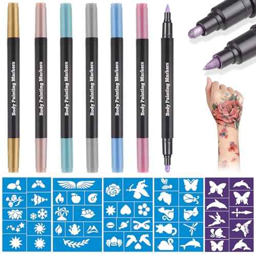 Lictin Temporary Tattoo Markers for Skin, 7 Colors Dual-End Skin Tattoo Pens with 50 Tattoo Stencils, Metallic Body Markers for Kids Teens and Adults, Flexible Brush Tip, Cosmetic-Grade